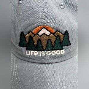 Life is Good adjustabll cap hat mountains embroidered woods outdoors unisex blue